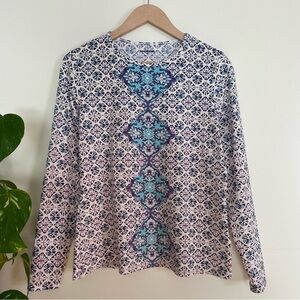 Lands' End Rash Guard UPF 50 Long Sleeve Swim Top Deep Sea Medallion Pri…